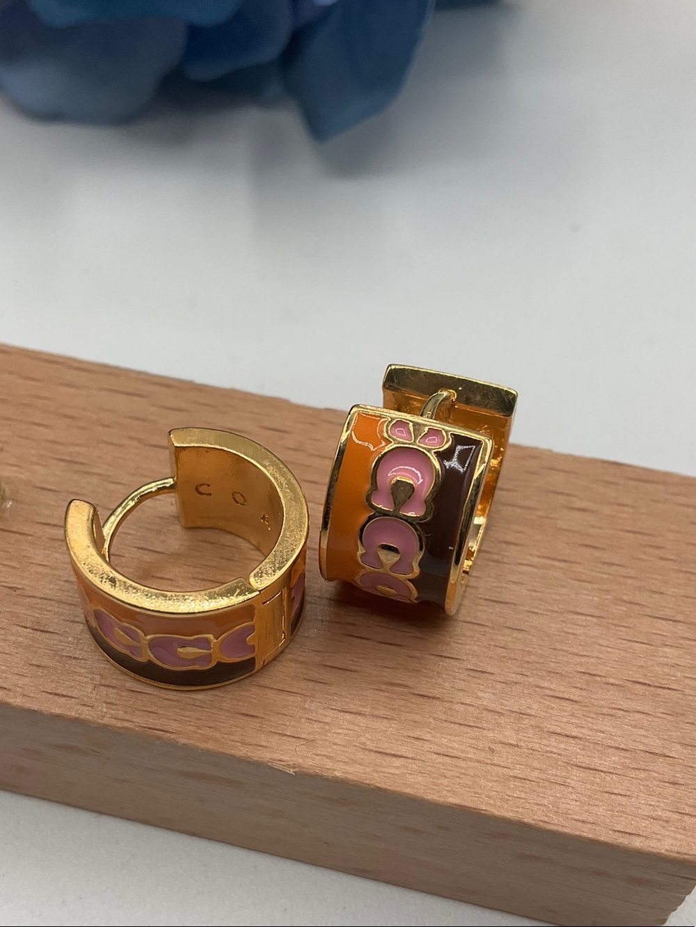 Coach Gold-Tone Hoop Earrings with Pink & Orange Enamel